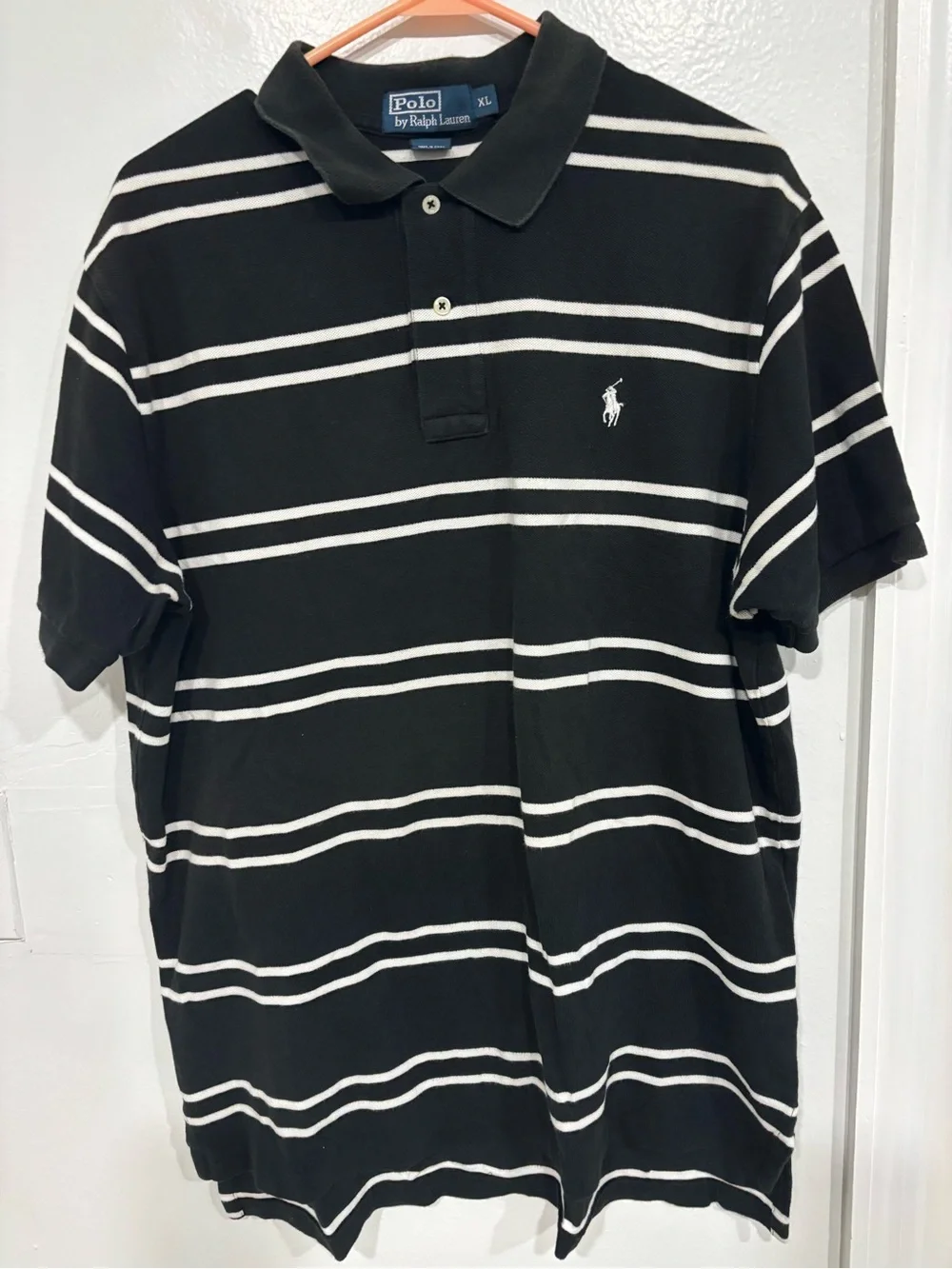 Polo by Ralph Lauren Black & White Striped Cotton Polo Shirt Xl